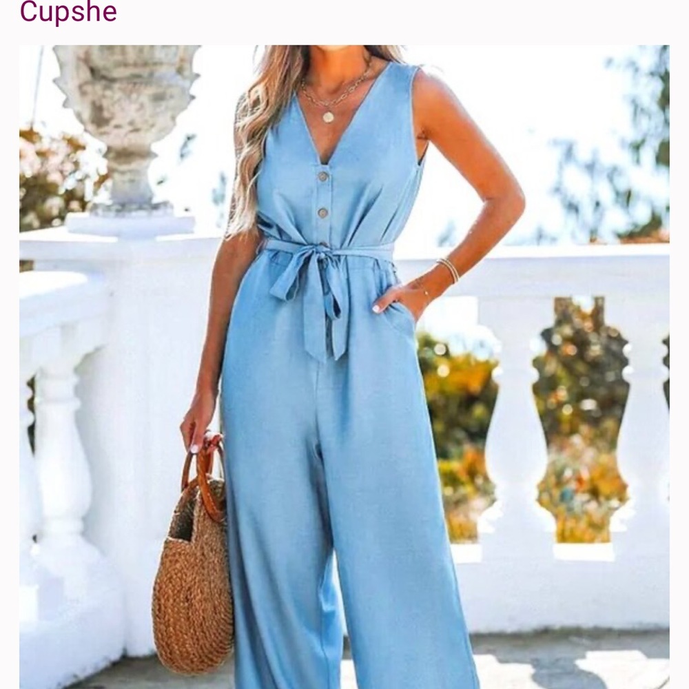 Cupshe Light Blue Tie-Waist Jumpsuit